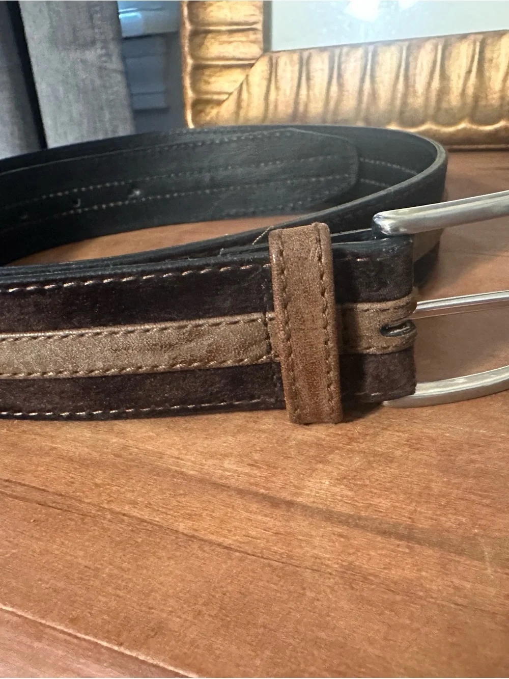 Men's Brown Two-Tone Suede Leather Belt with Silver Buckle